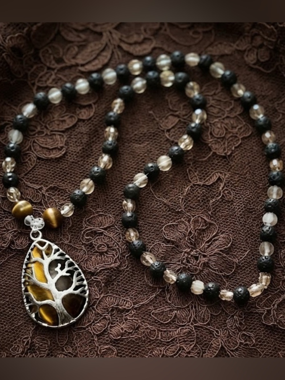 Tiger’s Eye Tree Necklace (Beige Crystal Beads, Black Lava Rock And Tiger’s Eye)